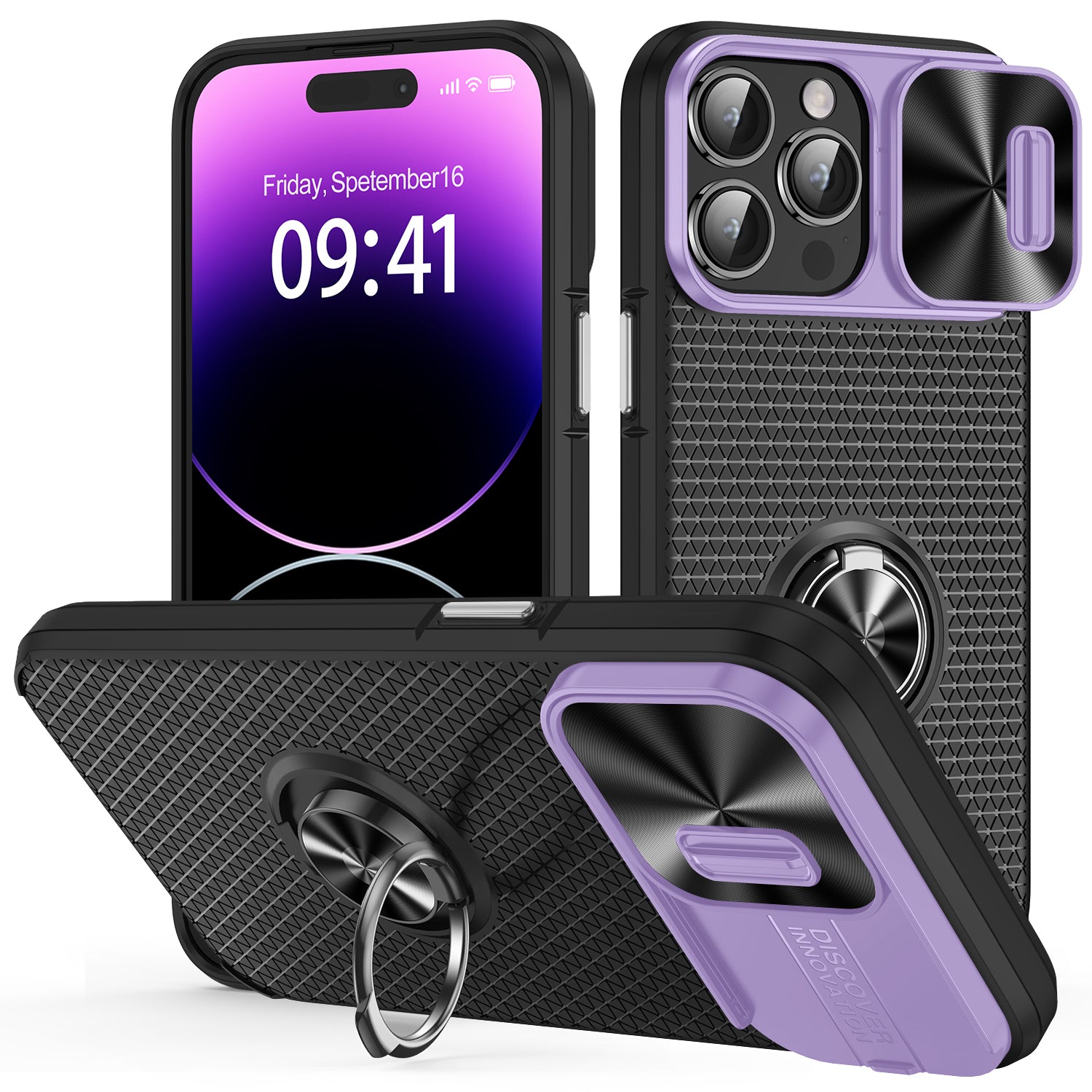 Back Cover for iPhone 14 Pro Ring Kickstand PC+TPU Phone Case with Slide Camera Lens Protector Back Cover for iPhone 14 Pro Ring Kickstand PC+TPU Phone Case with Slide Camera Lens Protector